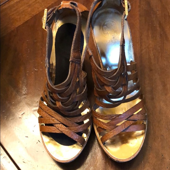 Tory Burch 4" wedge heel brown leather sandals - Picture 1 of 6